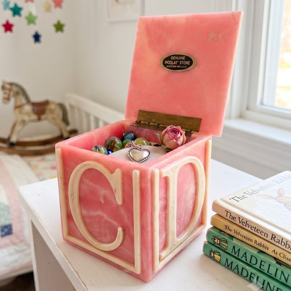 Vintage Pink Incolay Stone Alphabet Block Trinket Jewelry Box Handcrafted USA